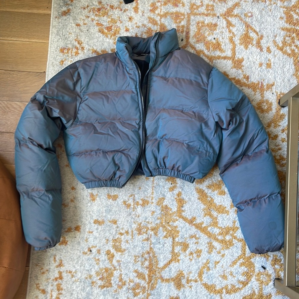 Iridescent Purple Gray Cropped Puffer Coat